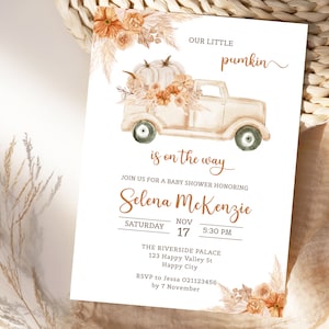 Boho Pumpkin Truck Baby Shower Invites Template, Fall/Autumn Theme Invitation, Editable, Printable, Instant Download.