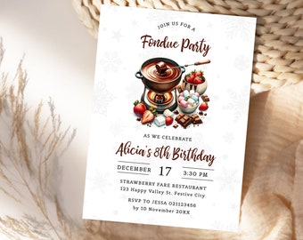 Fondue Birthday Party Invitation, Chocolate fondue 8th birthday Invite Printable, Editable, digital Download.