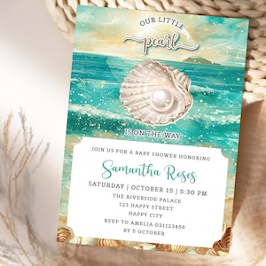 Under the Sea Baby Shower, Ocean Little Pearl On the Way Baby Shower Invite, Editable, Printable, Instant Download.