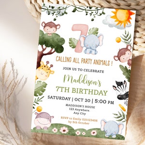 Party Animals Party Birthday Invitation , Safari 7th Birthday invite, Editable Printable, Instant download