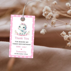 Three Rex Dinosaur Favor Tags, Dinosaur Thank You Tags, Girl Dinosaur 3rd Birthday Party, Editable, Printable, Digital Download.