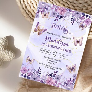 Flutterby Butterfly Birthday Invitation , Butterfly birthday invite, Turning one birthday Editable Printable Template Instant download