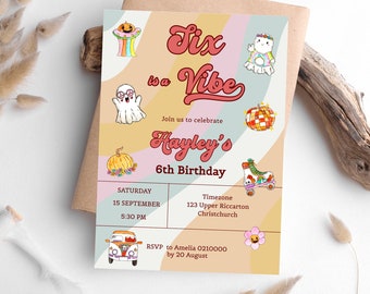 Six is a vibe Birthday Invitation,  Hippie Groovy Halloween Printable Birthday Invitation Template, Editable, Digital Downloads