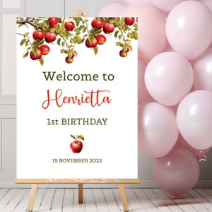 Apple Harvest First Birthday Welcome Sign, Red Apple 1st Birthday Printable Welcome poster. Editable, Digital Download