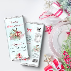 Reindeer First Birthday Chocolate Wrapper, Winter Onerland Candy Bar Wrapper. Editable, Printable, Digital.