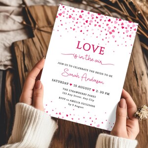 Love Is In The Air Bridal Shower Invite, Valentines Bridal Party Invite, Red Pink Heart Bridal Shower. Editable Printable, Instant Download.