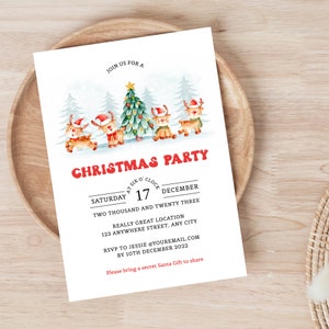 Watercolor Reindeers Christmas Party Invitation Template, Holiday Season Party Invitations Printable, Editable, Instant Download.
