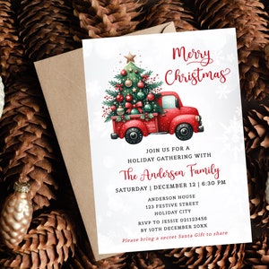 Merry Christmas Red Truck Christmas Party Invitation, Editable Holiday Party Invitation, Printable, Instant Download.