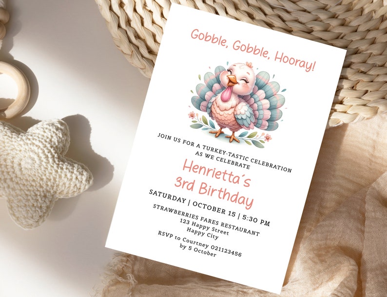 Turkey Birthday Party Printable Invitation Template , Thanksgiving Birthday Invitation, Girl 3rd ...
