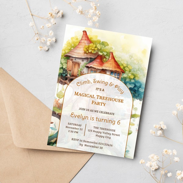 Printable Watercolor Magical Treehouse Birthday Party Invite Template , Treehouse birthday invitation, Editable Turning 6 birthday template