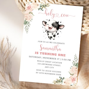 Holy Cow First Birthday Invitation,  Girl Cow 1st Birthday Invite Template. Editable, Printable, Digital Download.