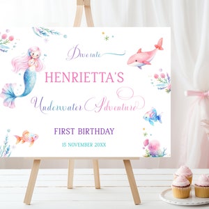 Pastel Whimsical Mermaid First Birthday Welcome Sign, Under the Sea Birthday Printable Welcome poster, Editable, Digital Download