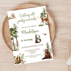 Woodland 8th Birthday Invitation EDITABLE Gender Neutral Forest Animals Invitations Digital Woodland Theme Invites Instant download