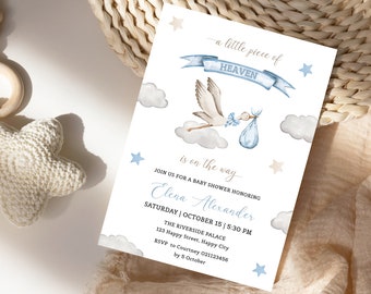 Little Piece Of Heaven Baby Shower Invitation. Dreamy Cloud Theme Boy Baby Shower Invite, Editable, Printable, Instant Download.