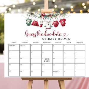 Festive Baby Clothes line Due Date Calendar Game, Christmas Baby Shower, Guess Baby&#39;s Birth Date, Editable Baby Prediction, Due Date Game.