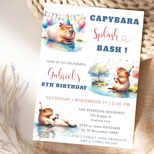 Capybara Splash Bash Birthday Invitation,  Capybara 8th Birthday Invite Template, Animal Birthday. Editable, Printable, Digital Download.