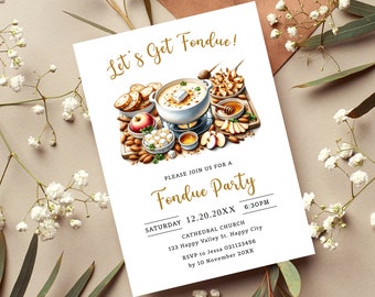 Fondue Party Invitation, Let's get fondue Invite Printable, Editable, digital Download.