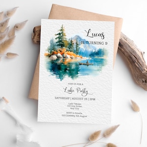 Lake Party Birthday Invitation Template, Printable Summer Camping 9th Birthday Invitation Template. Editable, Digital Download.