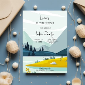 Editable Lake Party Birthday Invitation| Lake Birthday Invitation Template| Summer Camping  Birthday Invitation| Printable Instant Download.