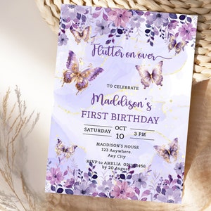 Butterfly Birthday Invitation , Butterfly birthday invite, First birthday Editable Printable Template Instant download