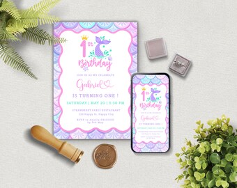 Mermaid first Birthday Printable Invitation Evite Template Bundle, Little mermaid Birthday Party, Digital Download.