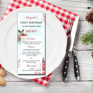 Editable  Reindeer Winter Onederland Menu, Girl Winter Wonderland 1st Birthday Menu, Winter Birthday Décor Menu Printable. Digital download.