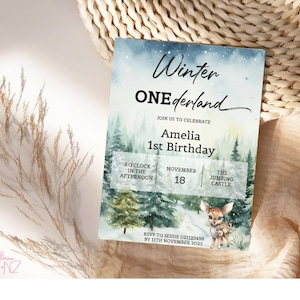 EDITABLE Forest Winter Onederland  Invitation| Winter Wonderland 1st Birthday Party Invites Boy Girl, Snowy Forest| Printable Template