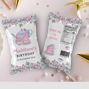 Editable  Pink Par-tea Birthday Chip Snack Wrapper, Tea Party Snack Wrapper Template. Printable, Digital Downloads