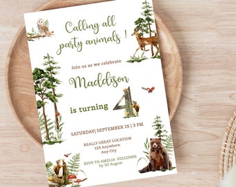 Woodland 4th Birthday Invitation EDITABLE Gender Neutral Forest Animals Invitations Digital Woodland Theme Invites Instant download