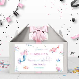 Pastel Whimsical Mermaid party gable box label Girl First Birthday Pink Under the sea Gable box favor label Editable Printable Download