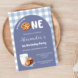 Milk And Cookies First Birthday Invites, Blue Ingham Milk & Cookies Invitation 1st Birthday Party. Editable, Printable, Digital Downloads.