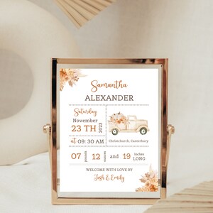 Pumpkin Truck Baby birth print, New Baby Girl Gift, Christening Gift, Birth Details, Birth Stats, Nursery Decor. Editable, printable.