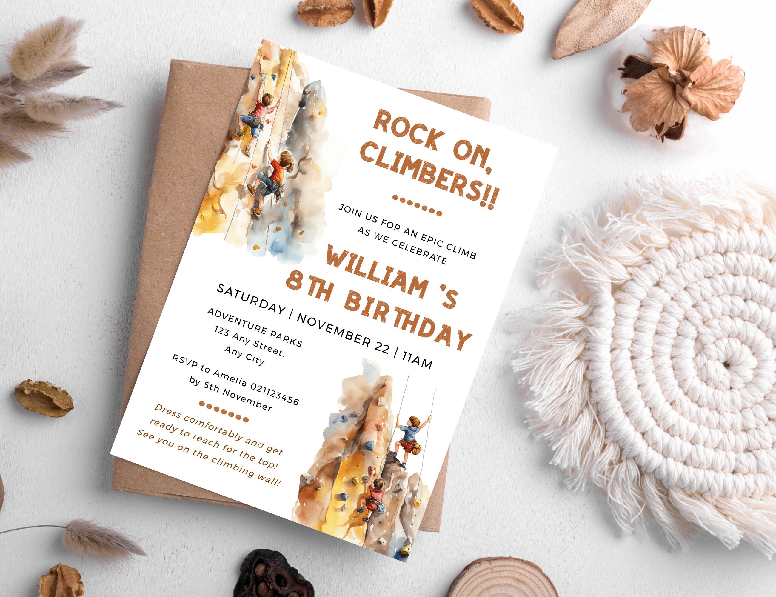 Rock Climbing Birthday Party Invitations Template, Boy 8th Birthday ...