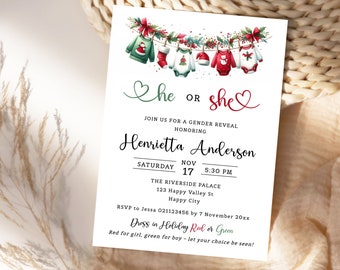 Winter Baby Clothesline Gender Reveal Invitation, Boy or Girl Christmas Invite Template, He Or She, Editable, Printable, Instant Download