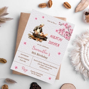 Hibachi Birthday Invitations Template, Hibachi Cherry Blossom 9th Birthday Party Invites Template, Editable, Printable, Digital Downloads