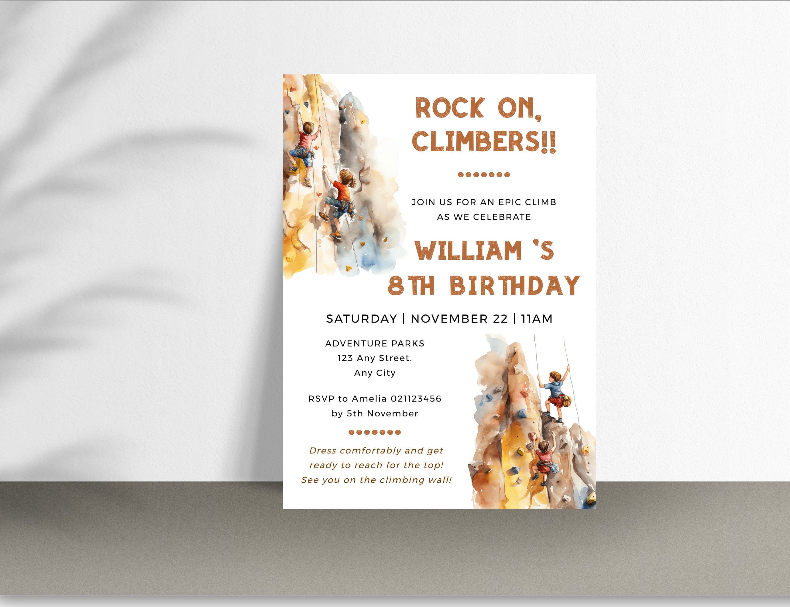 Rock Climbing Birthday Party Invitations Template, Boy 8th Birthday ...