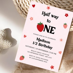 Half Way to One Birthday Invite, Berries 6 months party Invitation, Girl birthday Invite Editable Printable Template Instant download