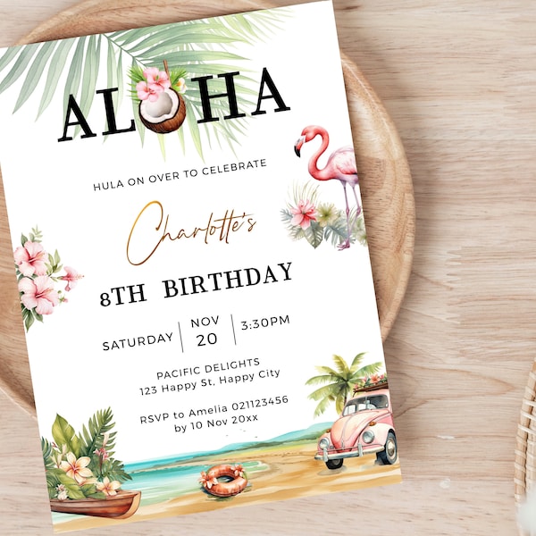 Tropical Aloha 8th Birthday Party Invitations Template, Hawaii Turning 8 Birthday Party Invites, Editable, Printable, Digital Downloads