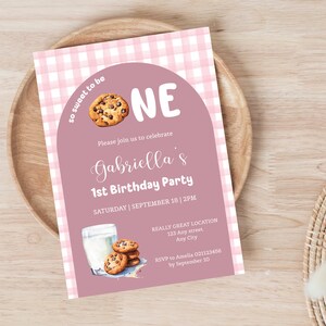 Milk And Cookies Birthday Invites, Pink Ingham Milk & Cookie 1st Birthday Party Invitation. Editable, Printable, Digital Downloads.