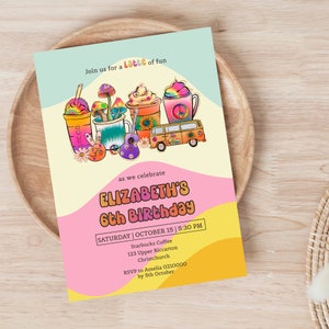 Groovy Coffee Latte Invitations Template, Inviting for Coffee 6th Birthday Party , Latte of Fun. Editable, Printable, Digital Downloads.