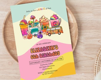 Groovy Coffee Latte Invitations Template, Inviting for Coffee 6th Birthday Party , Latte of Fun. Editable, Printable, Digital Downloads.