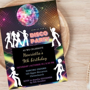 Disco Party Birthday Invitations Template, Dancing 9th Birthday Party Invites Template, Editable, Printable, Digital Downloads