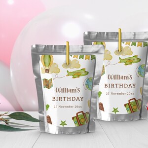 Adventure Awaits Juice Labels Birthday, Travel Water Juice Cup, Travel Juice Pouch Labels, Juice Label Birthday