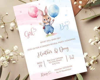 EDITABLE Rabbit Gender Reveal Invitation | Editable Gender Neutral Invite Template|  Blue & Pink Rustic Bunny| He Or She Game | Boy Or Girl