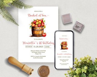 Apple first Birthday Printable Invitation Evite Template Bundle, A bushel of fun apple  Birthday Party, Digital Download.