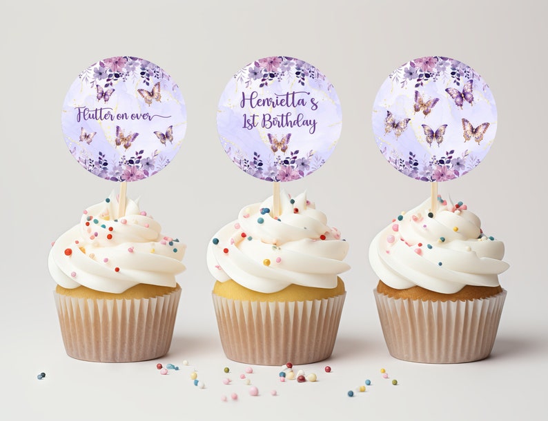 Butterflies Birthday Cupcake Toppers Template, EDITABLE Printable ...