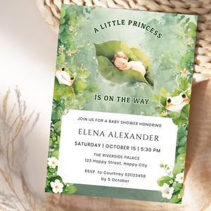 Frog Princess Baby Shower Invitation, Cute Green Frog Baby Shower Invite, leaves baby shower Editable, Printable, Instant Download.