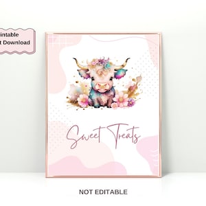 Pink Girl Highland Cow Baby Shower Decoración Dulces Signo / Decoración Digital Imprimible / Descarga Instantánea