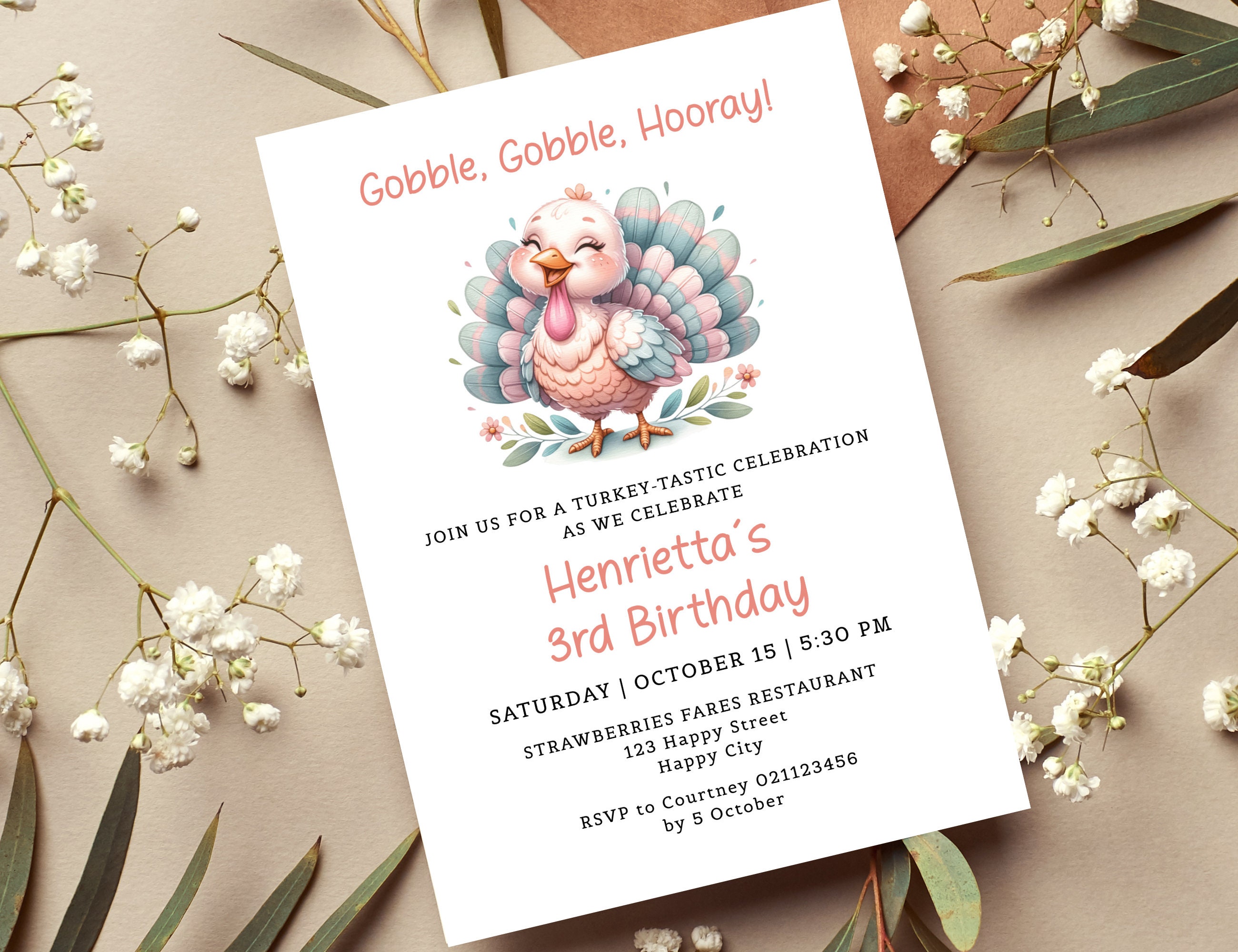 Turkey Birthday Party Printable Invitation Template , Thanksgiving Birthday Invitation, Girl 3rd ...