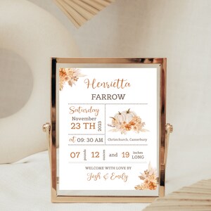 Autumn Pumpkin Baby birth print, New Baby Girl Gift, Christening Gift, Birth Details, Birth Stats, Nursery Decor. Editable, printable.